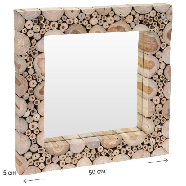 Quadratischer Wandspiegel aus Teakholz - Handgefertigt mit einzigartiger Maserung - Robust, langlebig, braun - 50x50 cm für Flur, Bad, Wohnzimmer