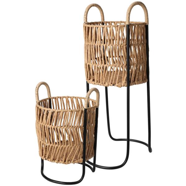 Blumentopfständer Set Korbgeflecht - Eleganter Pflanzenständer für den Innenbereich - Schwarz-Natur Design - 2 Grössen (60cm & 36cm hoch)