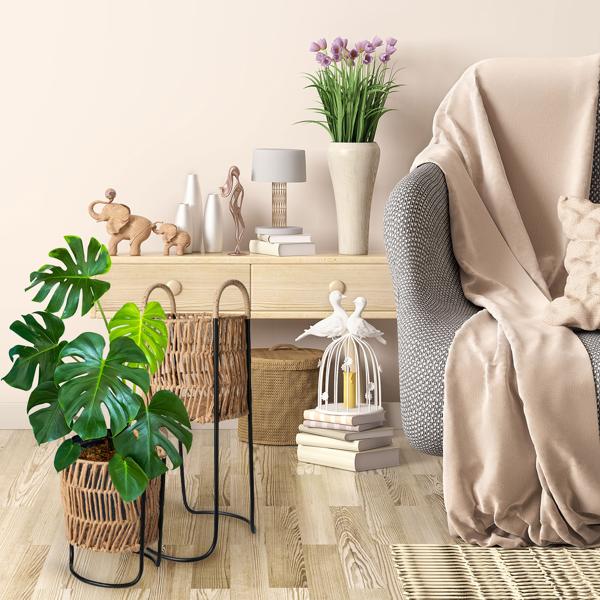 Blumentopfständer Set Korbgeflecht - Eleganter Pflanzenständer für den Innenbereich - Schwarz-Natur Design - 2 Grössen (60cm & 36cm hoch)