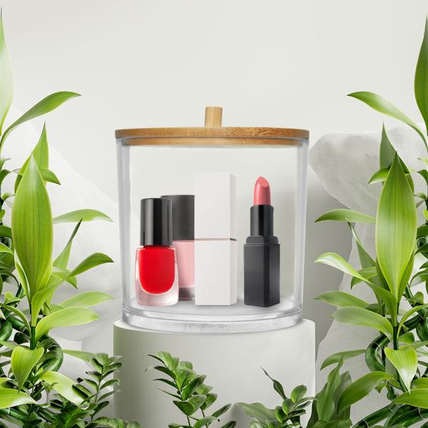 Aufbewahrungsbehälter Kunststoff und Bambus, Kosmetikbox, transparent, 9,5 x 9,5, x 10 cm