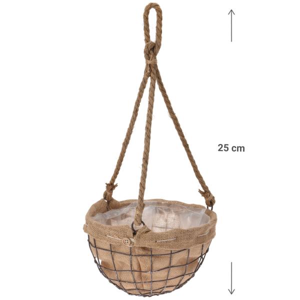 Hängeblumentopf Draht-Jute-Pflanzenkorb - Für Blütenpracht auf Terrasse, Garten & Küche - Ø 25x16cm, 35cm Seil - Mit Folie ausgelegt