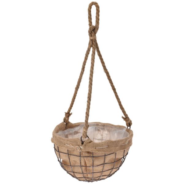 Hängeblumentopf Draht-Jute-Pflanzenkorb - Für Blütenpracht auf Terrasse, Garten & Küche - Ø 25x16cm, 35cm Seil - Mit Folie ausgelegt