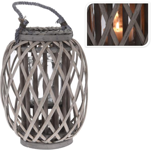 Kerzenlaterne aus Weidegeflecht - Gartenlampion Windlicht Natur Grau mit Glaseinsatz - Ø 23x30cm - Rustikaler Charme für gemütliche Atmosphäre