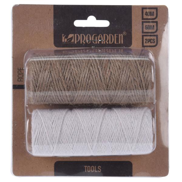 Deko Schnur 2er-Set - Basteln, Befestigen, Gestalten, Dekorieren, Gartenarbeiten - Hanf/Baumwolle, braun/weiss - 60m (1mm) - 40m (2mm)