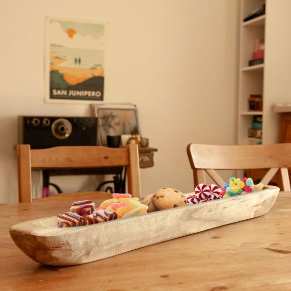Servierschale Teakholz - Rustikale Obstschale länglich 70x12x7cm - Stilvolles Servieren von Brot Baguette Obst & Snacks - Handgefertigt Unikat