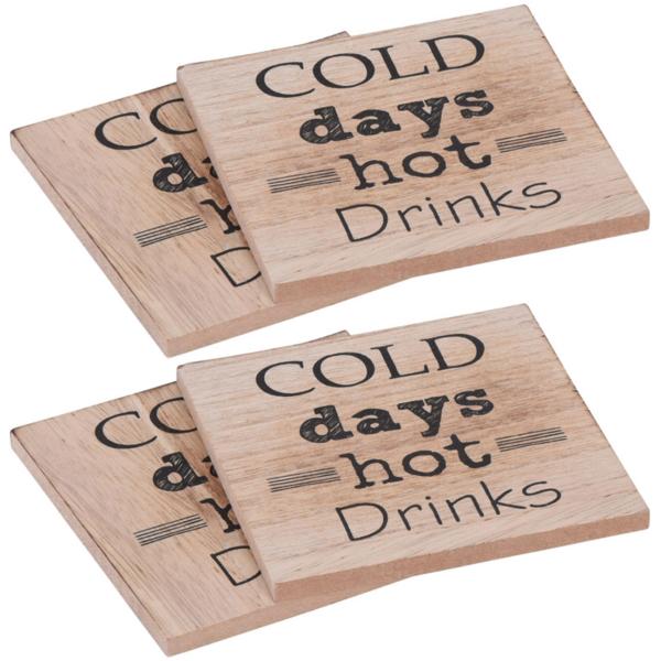 Tischuntersetzer Holz 4er-Set - Rustikale Glasuntersetzer mit "Cold Days Hot Drinks" Aufdruck - Vintage-Optik & robuste MDF-Verarbeitung - 11,2x12,5x2,8cm