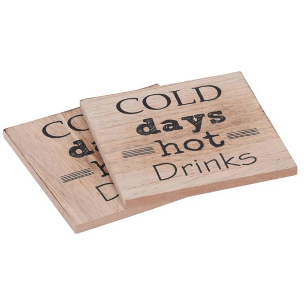 Tischuntersetzer Holz 4er-Set - Rustikale Glasuntersetzer mit "Cold Days Hot Drinks" Aufdruck - Vintage-Optik & robuste MDF-Verarbeitung - 11,2x12,5x2,8cm