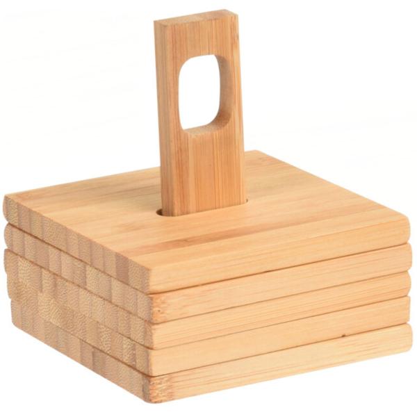 Bambus Tischuntersetzer 6er-Set - Vintage-Optik & robust - 9x9cm Glasuntersetzer mit Ständer für Zuhause & Restaurant - Modern, praktisch, fleckenfrei