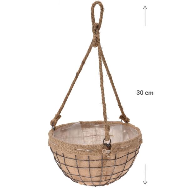 Pflanzen-Hängekorb aus Draht & Jute - Ideal für Blumen, Kräuter & Obst - Ø 30cm - Mit Seilaufhängung & Folienauskleidung für Terrasse Garten Balkon