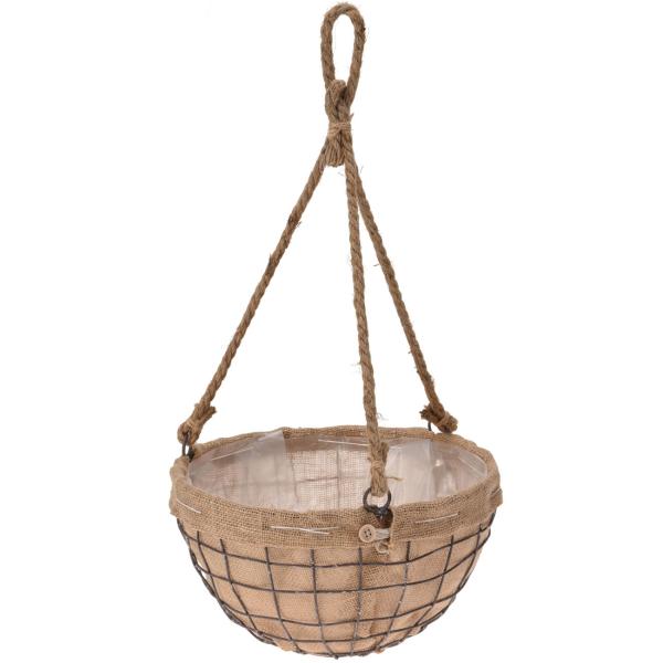 Pflanzen-Hängekorb aus Draht & Jute - Ideal für Blumen, Kräuter & Obst - Ø 30cm - Mit Seilaufhängung & Folienauskleidung für Terrasse Garten Balkon