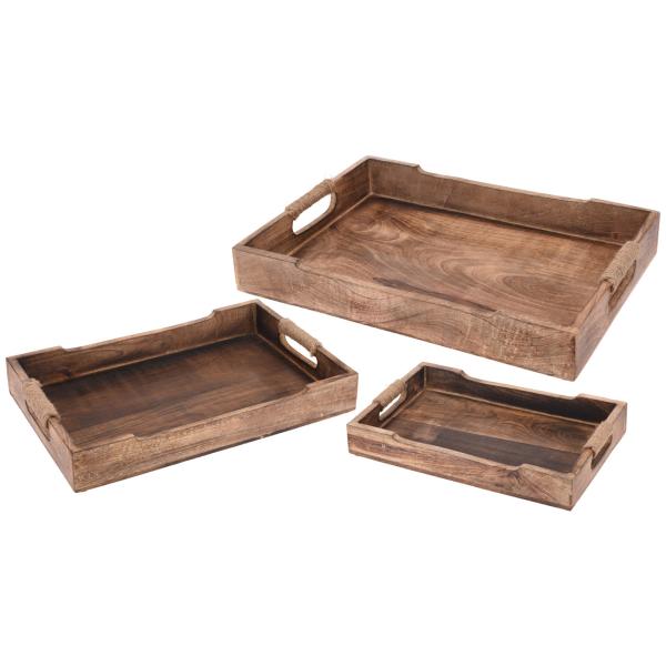 Tablett 3er-Set Serviertablett aus Mangoholz - Rustikal mit Naturfaserseil-Griffen - Stapelbar - Braun gemasert - 3 Grössen 46/38/31 cm