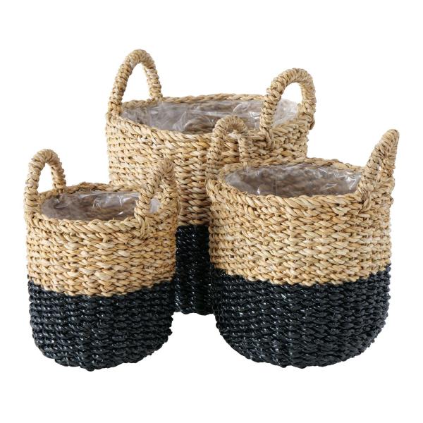 3er-Set Seegras Pflanzkörbe Schwarz-Braun - Rustikale Übertöpfe mit Henkeln & Innenfolie - Ø 17-25 x H 25-31 cm - Für Innen & Geschützten Aussenbereich