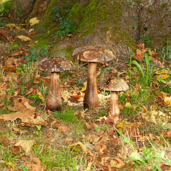 Deko-Pilze 3er-Set aus Massivholz - Mangoholz Skulpturen für naturnahe Dekoration - Hochwertige & nachhaltige Holzdekoration - Braun - 10-25cm