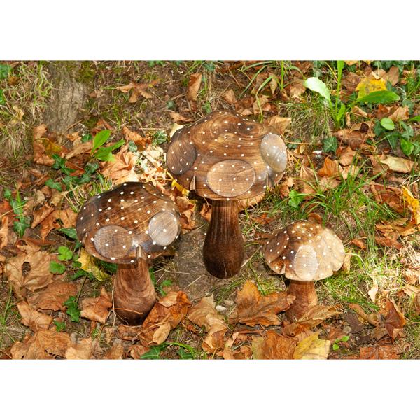 Deko-Pilze 3er-Set aus Massivholz - Mangoholz Skulpturen für naturnahe Dekoration - Hochwertige & nachhaltige Holzdekoration - Braun - 10-25cm