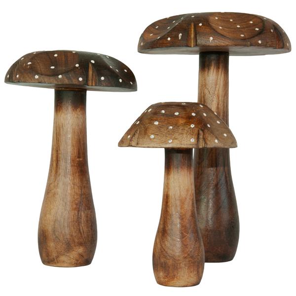 Deko-Pilze 3er-Set aus Massivholz - Mangoholz Skulpturen für naturnahe Dekoration - Hochwertige & nachhaltige Holzdekoration - Braun - 10-25cm