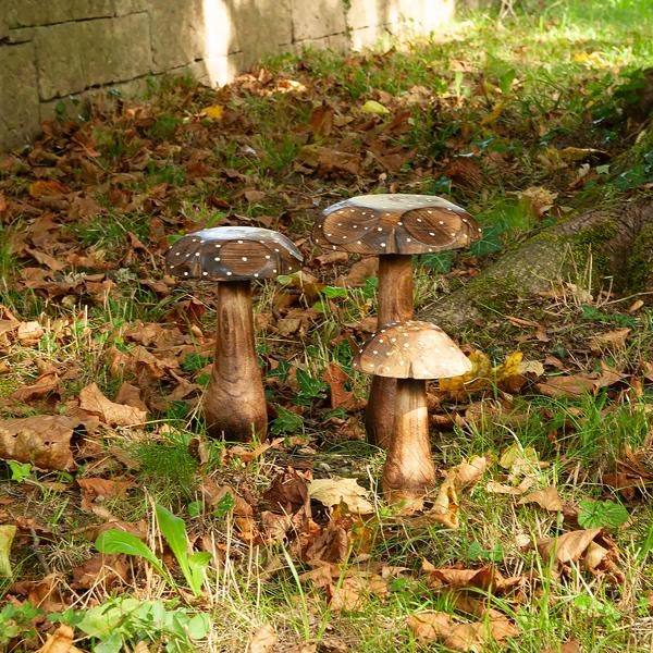 Deko-Pilze 3er-Set aus Massivholz - Mangoholz Skulpturen für naturnahe Dekoration - Hochwertige & nachhaltige Holzdekoration - Braun - 10-25cm