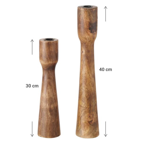 Kerzenständer 2er-Set aus Mangoholz - Natürliche Eleganz für Wohnzimmer & Bad - Robust, langlebig, glatt, braun - Ø 7-8 x 30-40 cm, Ø 2.1 cm