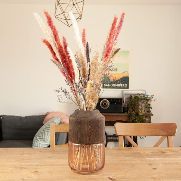 Blumenvase aus Glas und Blauglockenbaum-Holz - Edle Dekovase transparent/braun mit Natur-Maserung - Stilvolles Wohnaccessoire Ø 17x28cm