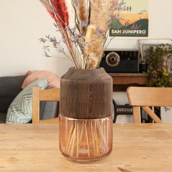 Blumenvase aus Glas und Blauglockenbaum-Holz - Edle Dekovase transparent/braun mit Natur-Maserung - Stilvolles Wohnaccessoire Ø 17x28cm
