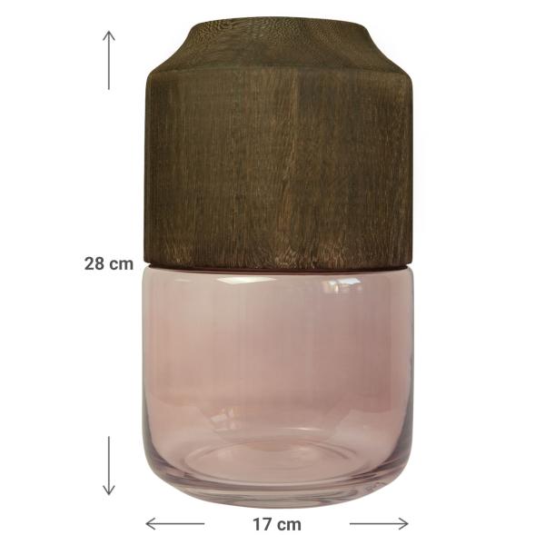 Blumenvase aus Glas und Blauglockenbaum-Holz - Edle Dekovase transparent/braun mit Natur-Maserung - Stilvolles Wohnaccessoire Ø 17x28cm