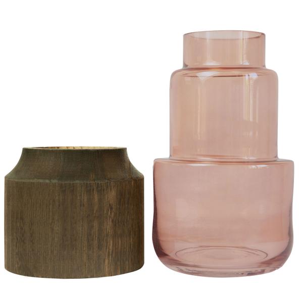 Blumenvase aus Glas und Blauglockenbaum-Holz - Edle Dekovase transparent/braun mit natürlicher Maserung - Modernes Wohnaccessoire Ø 14x23cm