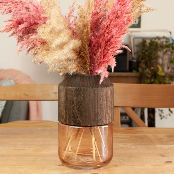 Blumenvase aus Glas und Blauglockenbaum-Holz - Edle Dekovase transparent/braun mit natürlicher Maserung - Modernes Wohnaccessoire Ø 14x23cm