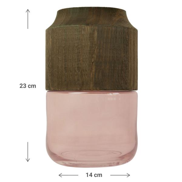 Blumenvase aus Glas und Blauglockenbaum-Holz - Edle Dekovase transparent/braun mit natürlicher Maserung - Modernes Wohnaccessoire Ø 14x23cm