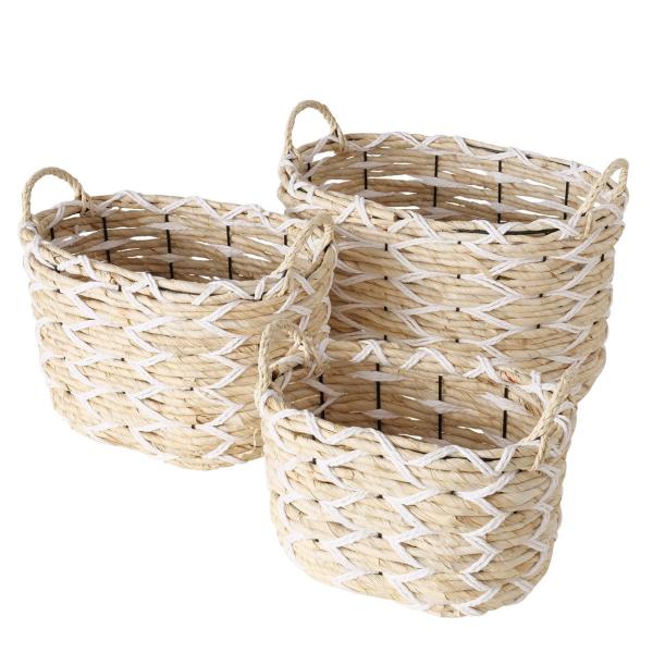Aufbewahrungskörbe Set 3-teilig aus Maisblatt-Geflecht - Beige/Braun mit Tragegriffen & Eisenverstärkung - Ø 32x21x23/38x25x29/45x32x31cm