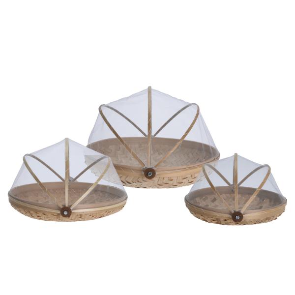 3er-Set Bambus Abdeckhauben mit Schalen - Effektiver Insektenschutz für Grill & Party - Ø 25-38.5 cm - Polyester-Netz - braun