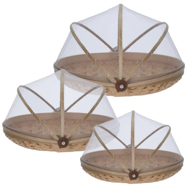3er-Set Bambus Abdeckhauben mit Schalen - Effektiver Insektenschutz für Grill & Party - Ø 25-38.5 cm - Polyester-Netz - braun