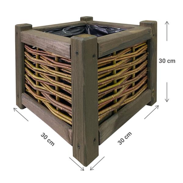 Blumenkasten Rattan Kiefernholz 30x30x30cm Braun - Pflanzkübel mit Innenfolie - Für Garten Balkon Terrasse - Mit stabilen Standfüssen