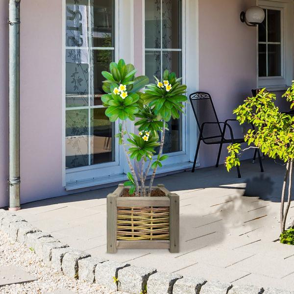 Blumenkasten aus Holz - Rattan-Optik Pflanzkübel mit Innenfolie - Braun, 40x40x40cm - Balkonkasten mit 4 Standfüssen für Kräuter & Gemüse
