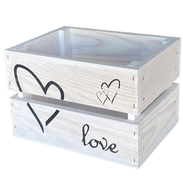 Geschenkkiste Holz weiss - Romantische Verpackung für Hochzeit & Verlobung - Aufdruck Love Herzen - Stabil 21x15x13.5cm - Für Liebesandenken