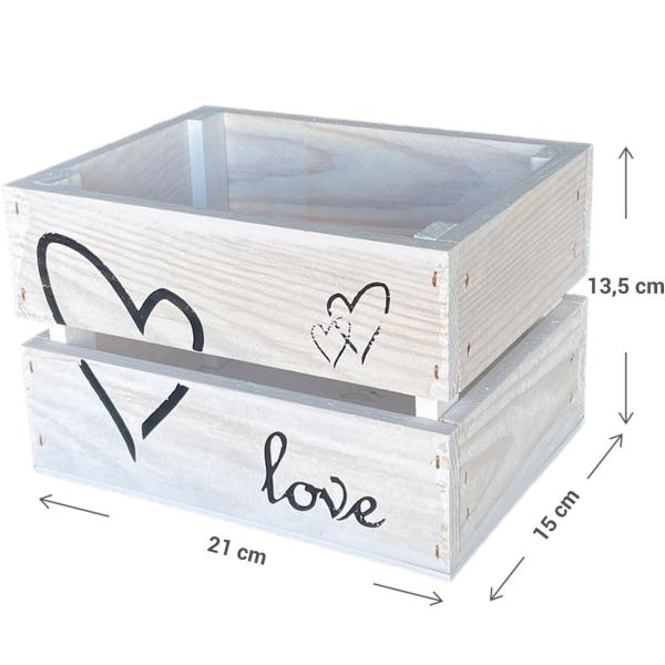 Geschenkkiste Holz weiss - Romantische Verpackung für Hochzeit & Verlobung - Aufdruck Love Herzen - Stabil 21x15x13.5cm - Für Liebesandenken