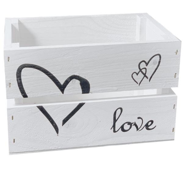 Geschenkkiste Holz weiss - Romantische Verpackung für Hochzeit & Verlobung - Aufdruck Love Herzen - Stabil 21x15x13.5cm - Für Liebesandenken