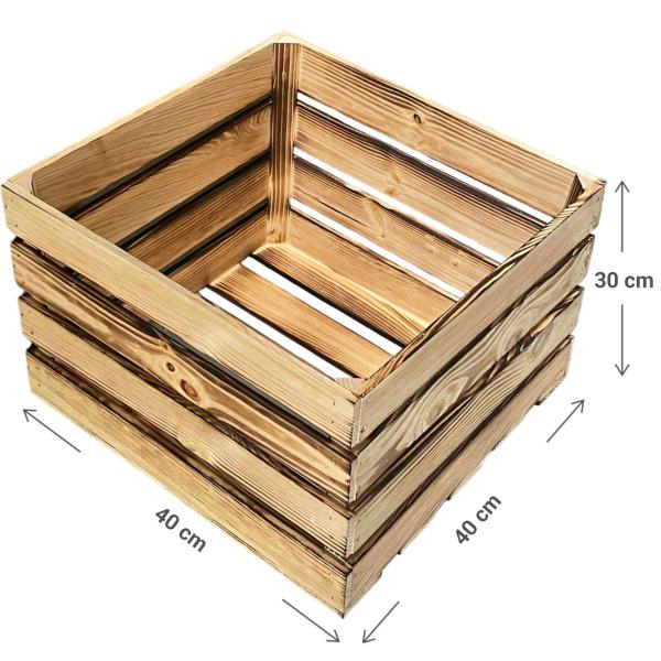 Aufbewahrungskiste aus geflammtem Holz - Rustikale Harasse für Deko & Ordnung im Used-Look - 40x30x40cm - Vielseitig einsetzbar - Boho-Stil