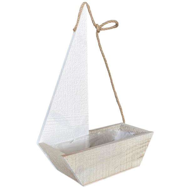 Pflanzkasten Segelboot aus Holz - Maritimer Blumentopf für Fensterbank & Balkon - Weiss lasiert, mit Folie, Holzsegel - 11,5x26x37cm - Dekostil