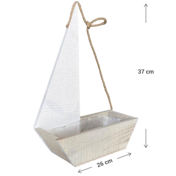 Pflanzkasten Segelboot aus Holz - Maritimer Blumentopf für Fensterbank & Balkon - Weiss lasiert, mit Folie, Holzsegel - 11,5x26x37cm - Dekostil