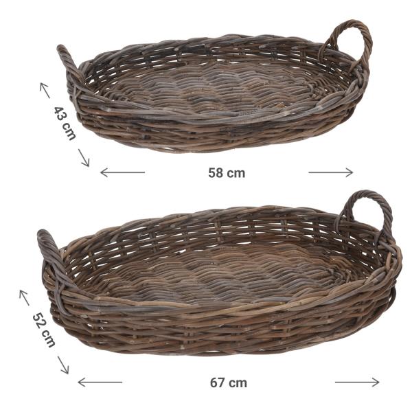 Servierkörbe im 2er Set, Braun, Dekotablett aus Rattan, Oval