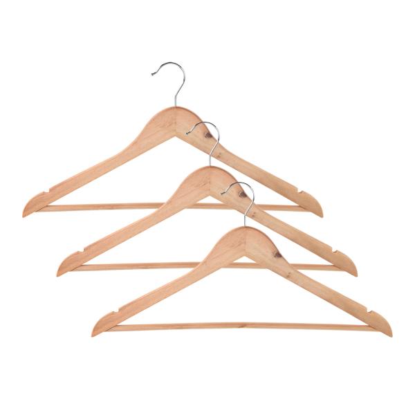 Kleiderbügel 3er-Set aus Eukalyptusholz - Stabil & langlebig für alle Kleidungsstücke - Mit Rockkerbe, Hosensteg & drehbarem Metall-Haken