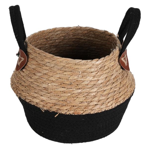 Aufbewahrungskorb Organizer 3er Set - Strohkörbe mit hellbraun-schwarz - dekorativ platzsparend stapelbar aus Stroh & Baumwolle Ø 31x33cm & Ø 25x27cm