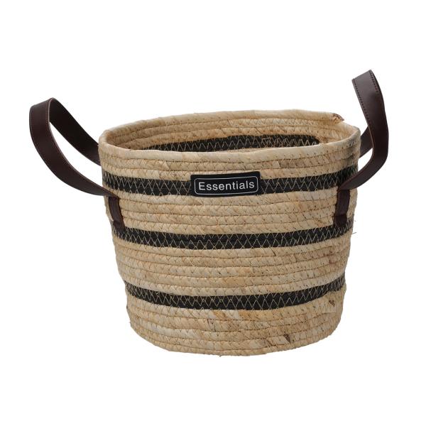 Aufbewahrungskörbe 3er Set - Braun-schwarz gestreift, rund, mit Kunstleder-Tragegriffen - Aus Maisgeflecht & Baumwolle - Ø 33/27/23 cm
