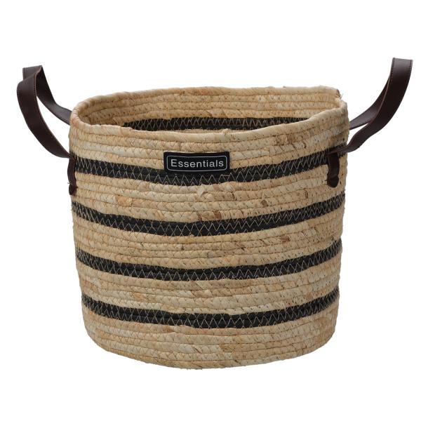 Aufbewahrungskörbe 3er Set - Braun-schwarz gestreift, rund, mit Kunstleder-Tragegriffen - Aus Maisgeflecht & Baumwolle - Ø 33/27/23 cm