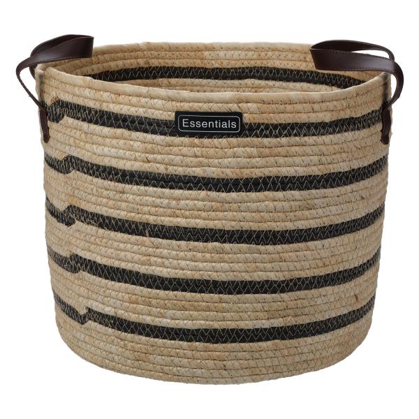 Aufbewahrungskörbe 3er Set - Braun-schwarz gestreift, rund, mit Kunstleder-Tragegriffen - Aus Maisgeflecht & Baumwolle - Ø 33/27/23 cm