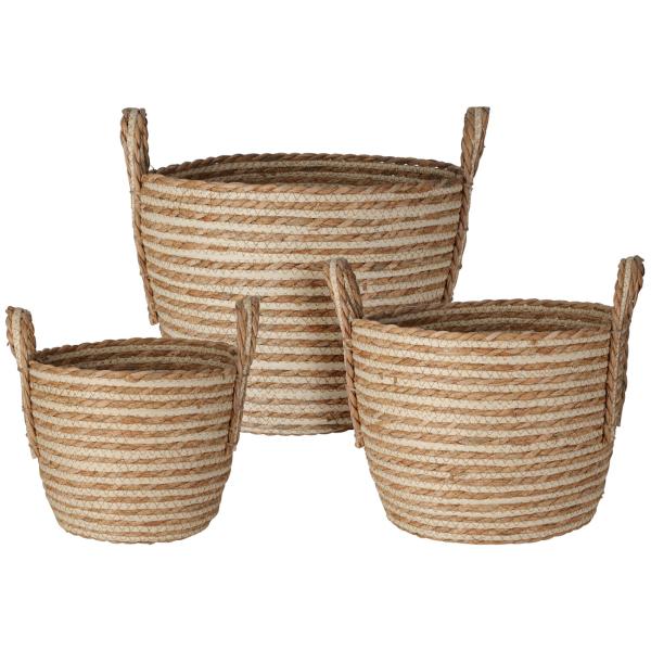 Seilkorb 3er Set - Aufbewahrungskörbe mit Henkel aus Stroh & Baumwolle - Natur/Weiss - Ø30x33, Ø27x23, Ø22x18cm - Dekorativ & vielseitig für Zuhause