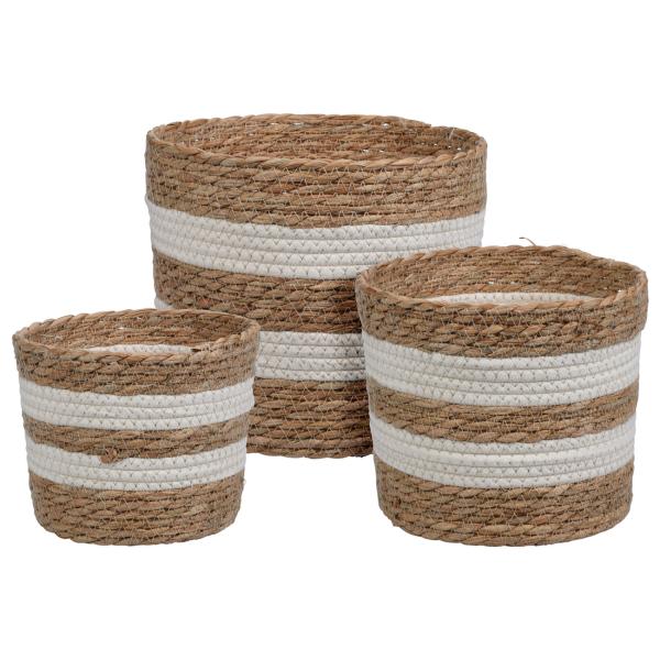 Aufbewahrungskörbe 3er Set Organizer - Runde geflochtene Strohkörbe aus Naturmaterial - natur & weiss - platzsparend stapelbar - 24x20-22x18-19x14cm
