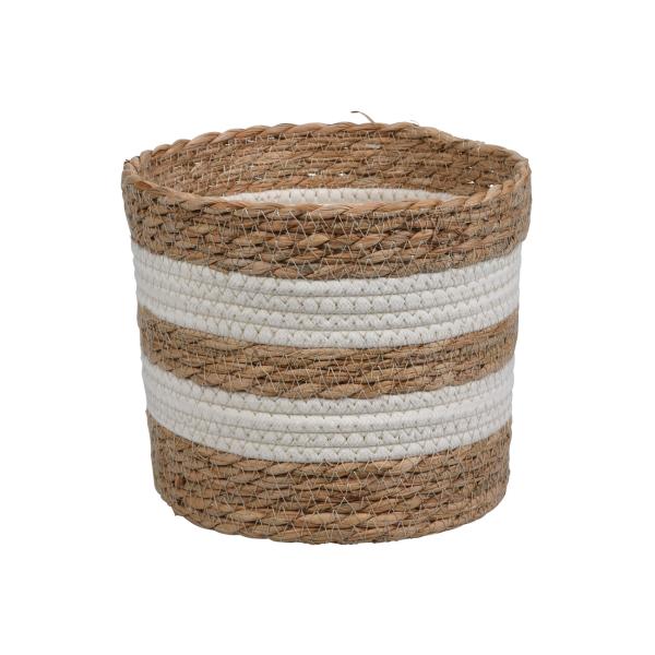 Aufbewahrungskörbe 3er Set Organizer - Runde geflochtene Strohkörbe aus Naturmaterial - natur & weiss - platzsparend stapelbar - 24x20-22x18-19x14cm