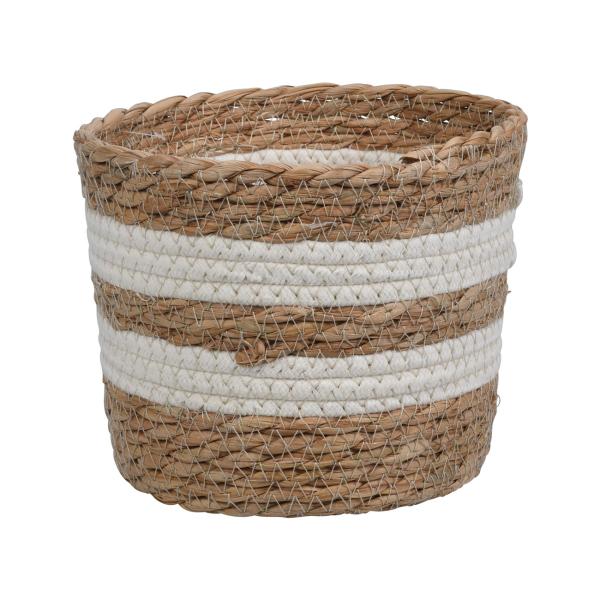 Aufbewahrungskörbe 3er Set Organizer - Runde geflochtene Strohkörbe aus Naturmaterial - natur & weiss - platzsparend stapelbar - 24x20-22x18-19x14cm