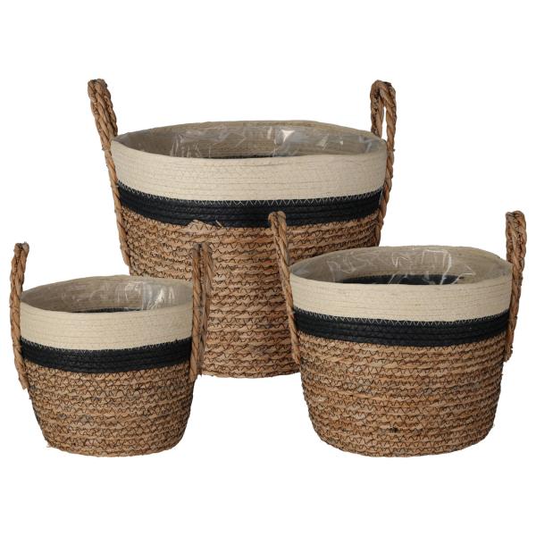 Dekorative Aufbewahrungskörbe 3er-Set - Geflochtene Optik, Stroh/Baumwolle, Dreifarbig, rund mit Henkel - Für Kosmetik, Schmuck, Bücher, Spielsachen