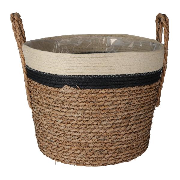 Dekorative Aufbewahrungskörbe 3er-Set - Geflochtene Optik, Stroh/Baumwolle, Dreifarbig, rund mit Henkel - Für Kosmetik, Schmuck, Bücher, Spielsachen